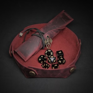 Handmade Gift COMBO_Red / Natural Obsidian Gemstone Dice Set / Handmade Dice Bag / Handmade Dice Tray / for RPG Games / Personalized name