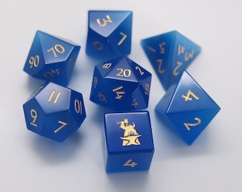 Blue Cat's Eye Gemstone Dice Set of 7 Clearly Font —— D6 with Forgic Logo for RPG Table-top Board Game