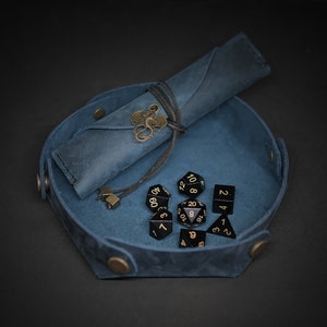 Obsidian Gemstone Dice Set with Handmade Leather Tray & Bag