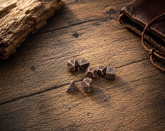 Vintage Copper Metal Dice Set: 7-Piece Tabletop Gaming Dice