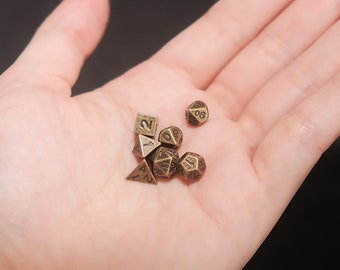 Vintage Brass Mini Dice Set: 7 Solid Metal Dice for Tabletop Games