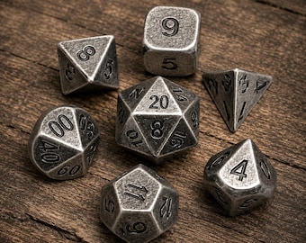 Vintage Nickel Metal Dice Set: Tabletop RPG Gaming