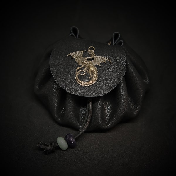 Handmade Leather Dice Bag / Metal Dragon/ Black / Suitable For 5-6 Sets Of Dice / Optional Accessories