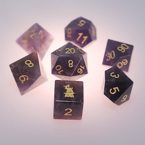 Natural Amethyst Gemstone Dice Set of 7 —— D6 with Forgic Logo