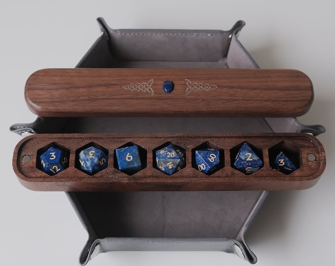COMBO / Lapis Lazuli Natural Gemstone Dice Set Wooden Box Combo / Dice Set of 7 / Black Cherry Wood Box / Dice Tray