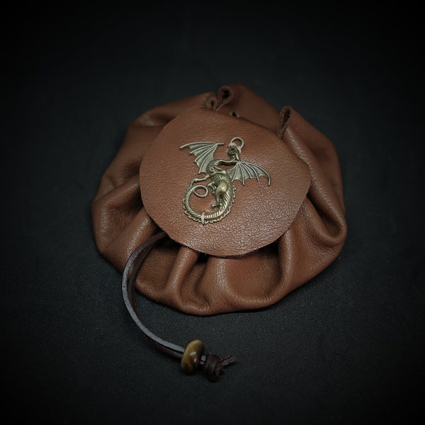 Handmade Leather Dice Bag / Metal Dragon/ Brown / Suitable For 5-6 Sets Of Dice / Optional Accessories