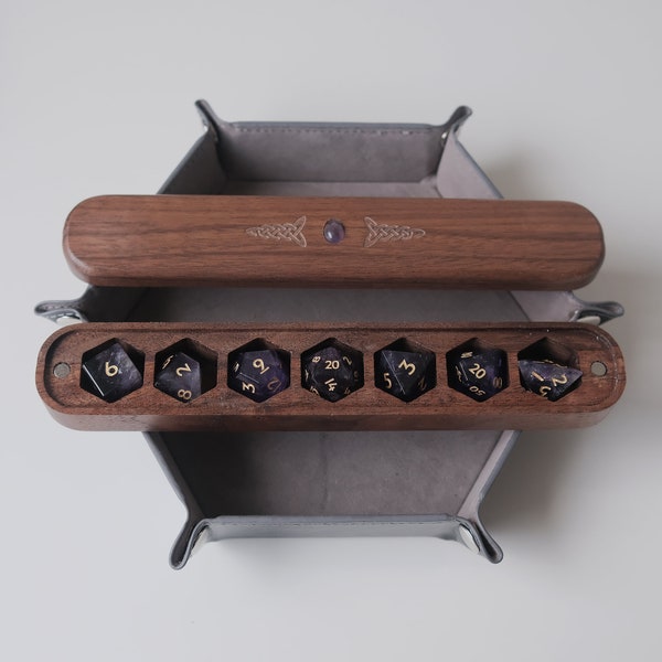 COMBO / Natural Amethyst Gemstone Dice Set Wooden Box Combo / Dice Set of 7, D6 with Forgic Logo/ Black Cherry Wood Box / Dice Tray