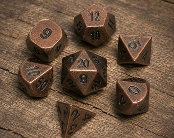 Vintage Copper Metal Dice Set: 7-Piece Tabletop Gaming Dice