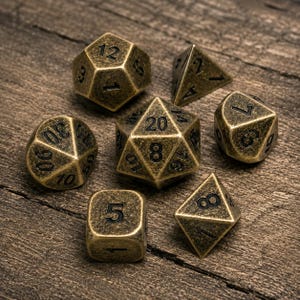 May include: A set of seven polyhedral dice with a distressed antique brass finish and black engraved numbers. The collection includes a d20, d12, d10, d8, d6, d4, and a percentile die, all featuring sharp edges and a metallic, weathered appearance.