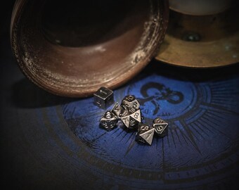 Vintage Mini Nickel Metal Dice Set: 7pc Tabletop Gaming Dice