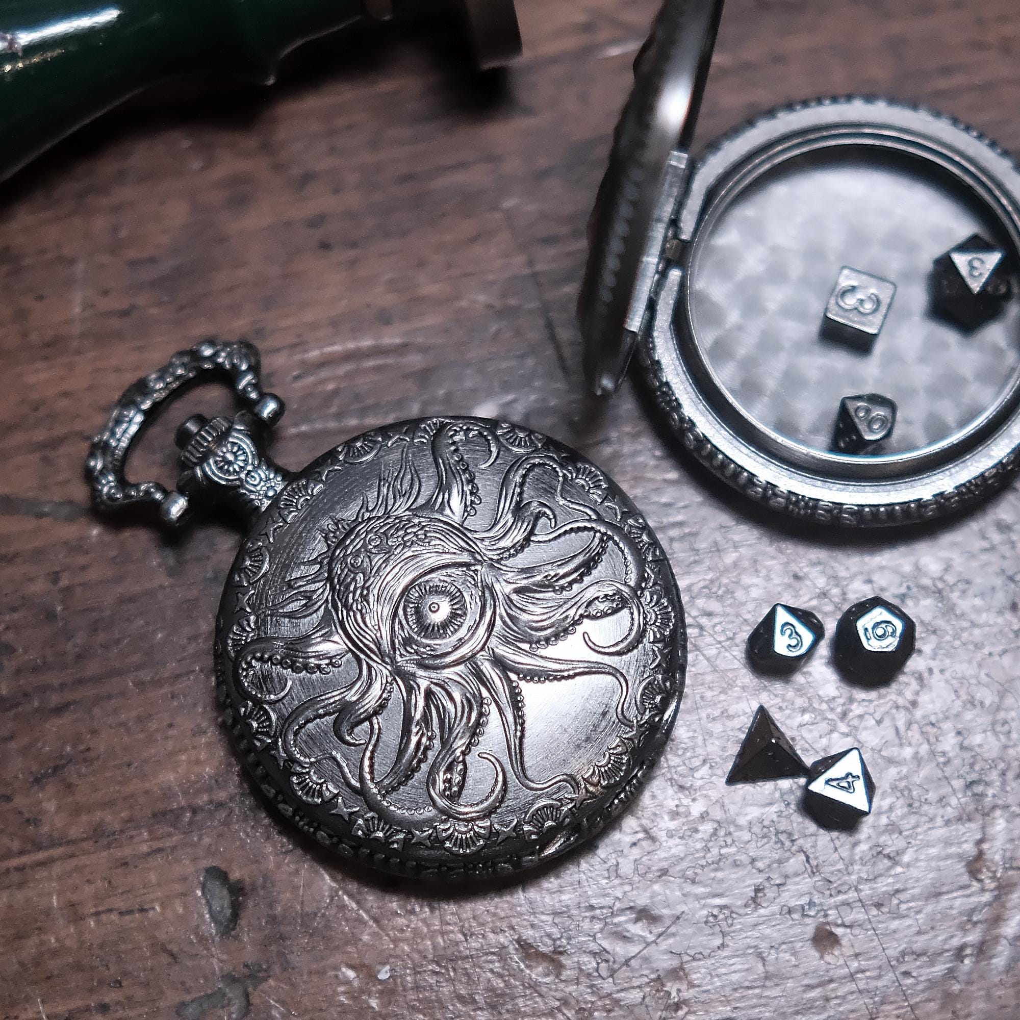 Antique Nickel Pocket Watch Dice Set: Mini Metal Dice, 3 Pattern Options