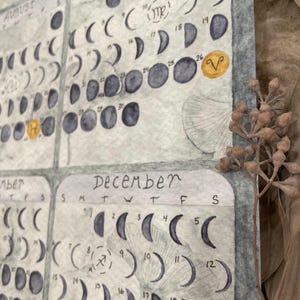 Puede incluir: Impresi&oacute;n en acuarela de un calendario lunar para agosto, septiembre y diciembre. Cada mes muestra las fases lunares con fechas y s&iacute;mbolos astrol&oacute;gicos. La obra tiene una paleta de colores suaves y acentos bot&aacute;nicos.
