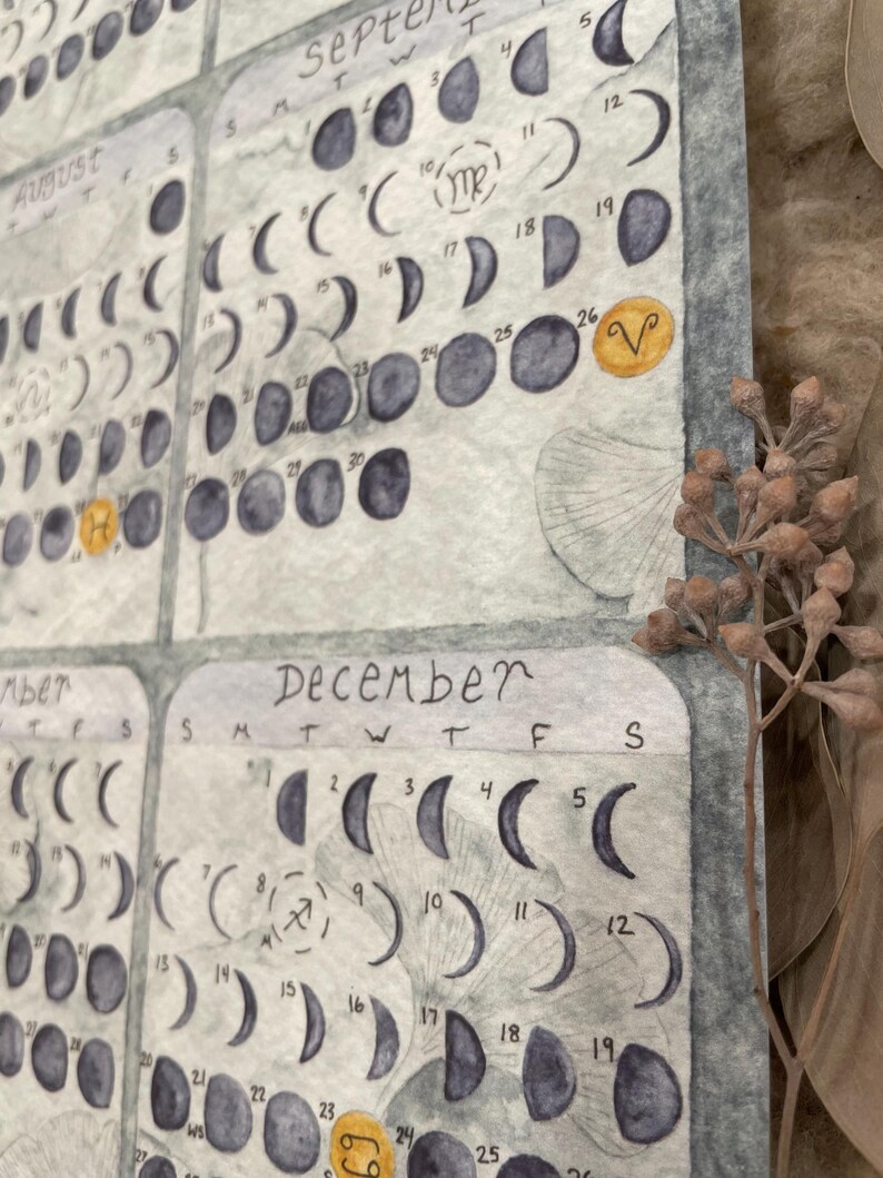 Puede incluir: Impresi&oacute;n en acuarela de un calendario lunar para agosto, septiembre y diciembre. Cada mes muestra las fases lunares con fechas y s&iacute;mbolos astrol&oacute;gicos. La obra tiene una paleta de colores suaves y acentos bot&aacute;nicos.