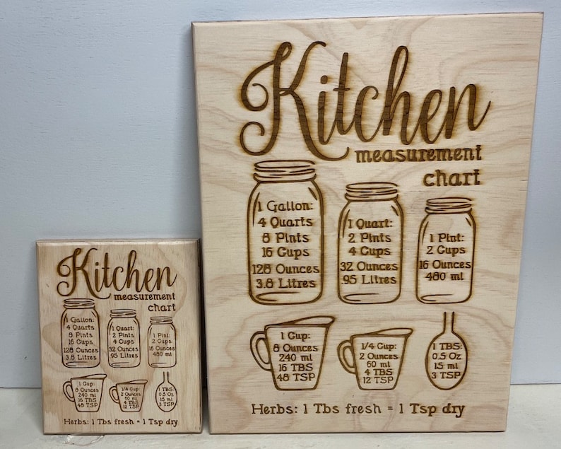 Pu&ograve; includere: Un grafico di misurazione da cucina in legno con uno sfondo marrone chiaro. Il grafico presenta un carattere in stile calligrafico e include misure per galloni, quarti, pinte, tazze, once e millilitri. Il grafico include anche una conversione per erbe fresche e secche.