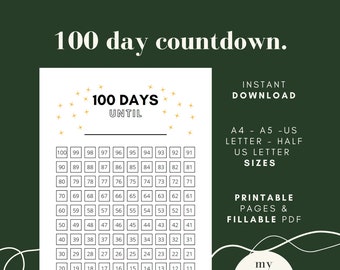 100 Day Countdown, Printable Planner Pages, Countdown Calendar, Wedding Countdown, Instant Download, A4/A5/Letter/HalfLetter