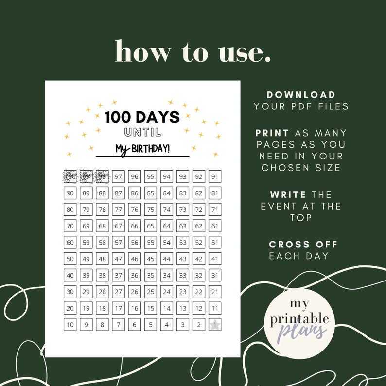 100 Day Countdown, Printable Planner Pages, Countdown Calendar, Wedding