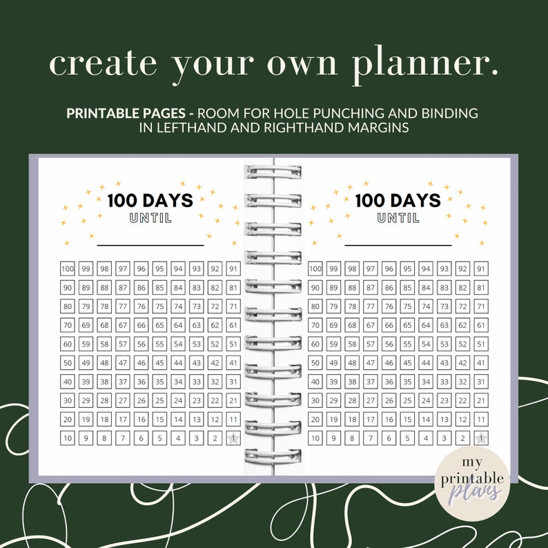 100 Day Countdown, Printable Planner Pages, Countdown Calendar, Wedding Countdown, Instant ...