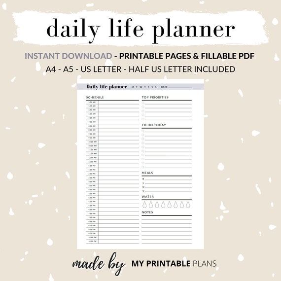 Daily Hourly Planner Undated Printable Planner Pages Etsy