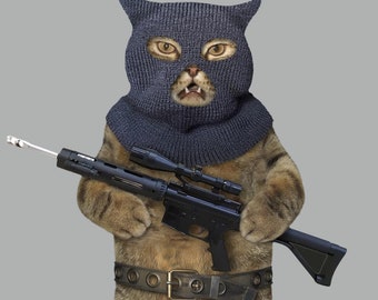 Sticker - Rebel Cat with a machine gun - Water proof laptop, water bottle, phone sticker