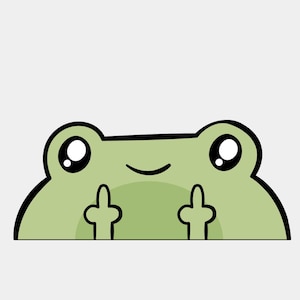 May include: A cartoon illustration of a green frog with big eyes and a smile, peeking over the top of a surface. The frog has its arms raised, with its hands in a peace sign.