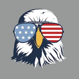 May include: A white bald eagle with a yellow beak wearing sunglasses with the American flag design. The sunglasses have red and white stripes on one lens and blue with white stars on the other lens.