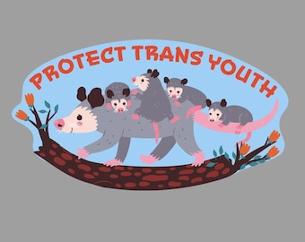 Sticker - Protect Trans Youth opossum mom - Water proof laptop, water bottle, phone sticker