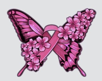 Sticker - Pink ribbon, breast cancer butterfly - Water proof laptop, water bottle, phone sticker