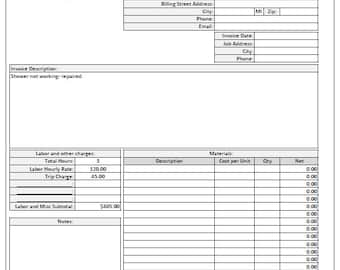 May include: A blank invoice template with fields for customer information, invoice details, labor and materials charges, and a total amount due. The invoice is titled "Invoice" and includes the text "Shower not working - repaired" in the invoice description section.