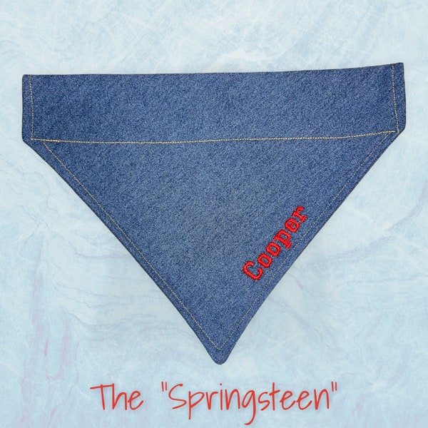 Denim Dog Bandana, Personalized Embroidery, Over the Collar