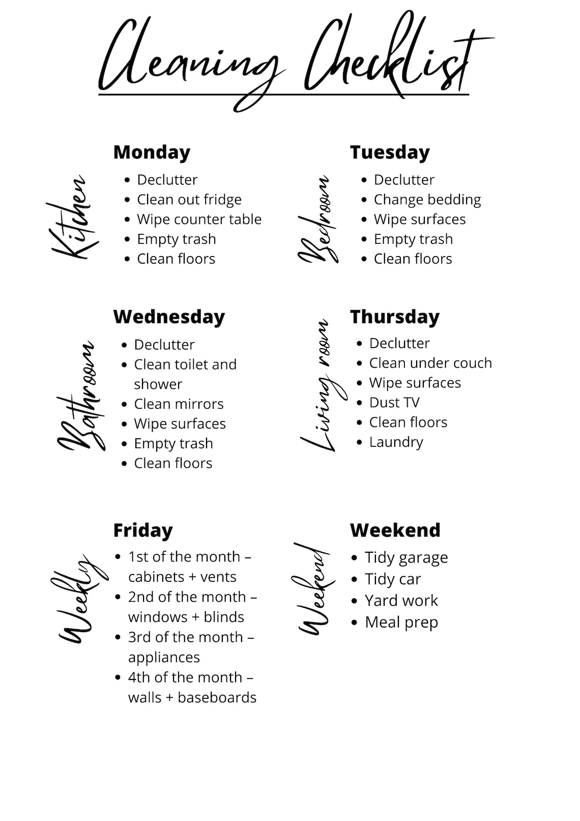 Minimalist Cleaning Checklist Printable , Weekly Cleaning Schedule ...