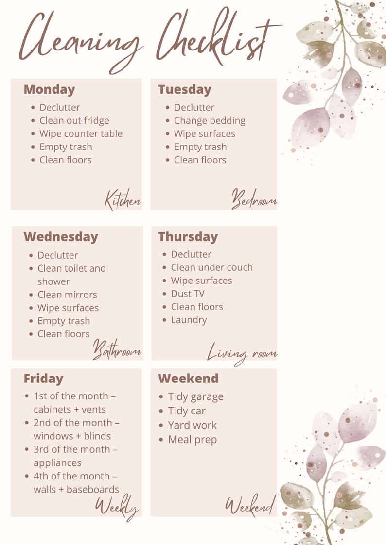 Minimalist Cleaning Checklist Printable , Weekly Cleaning Schedule ...