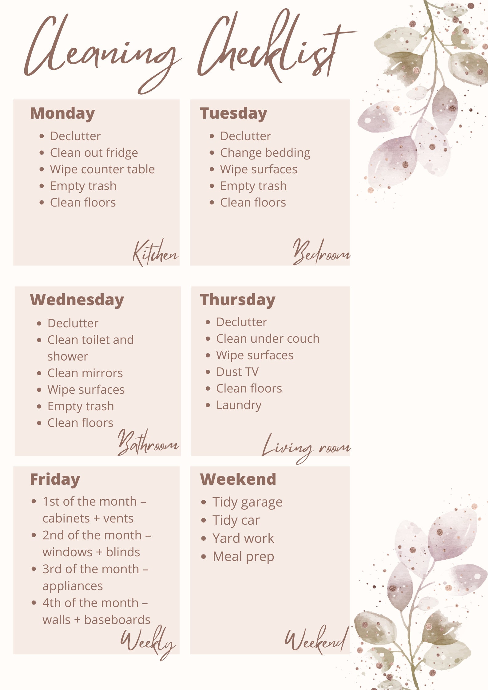 Minimalist Cleaning Checklist Printable , Weekly Cleaning Schedule ...