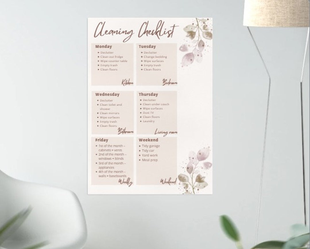 Minimalist Cleaning Checklist Printable , Weekly Cleaning Schedule ...