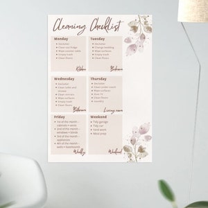 Minimalist Cleaning Checklist Printable , Weekly Cleaning Schedule, Minimalist Organization