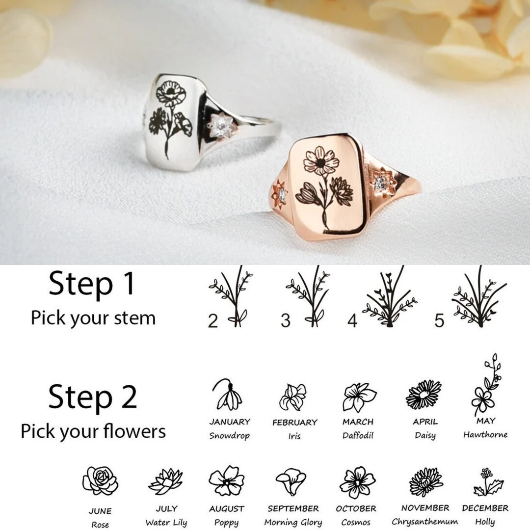 Personalized Birth Flower Ring, Birth Month Ring, Flower Rings