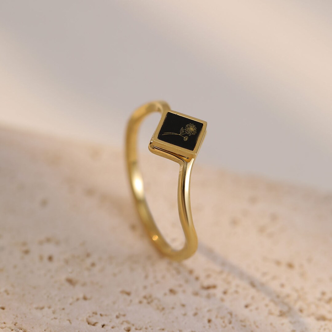 Personalized Birth Flower Ring Custom Black Agate Ring Birth Month Ring