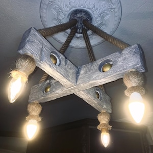 Handmade Rustic Wooden Chandelier | Farmhouse Ceiling Light with Rope Detail | Aged Gray and White Finish | Vintage Rustic Decor |