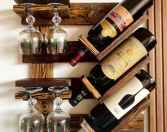 Wooden wine rack. Wine holder. Aged wood wine rack. Bar storage. Farmhouse wall decor. Wall mounted bar. Wine shelves. Unique gift. Rustic