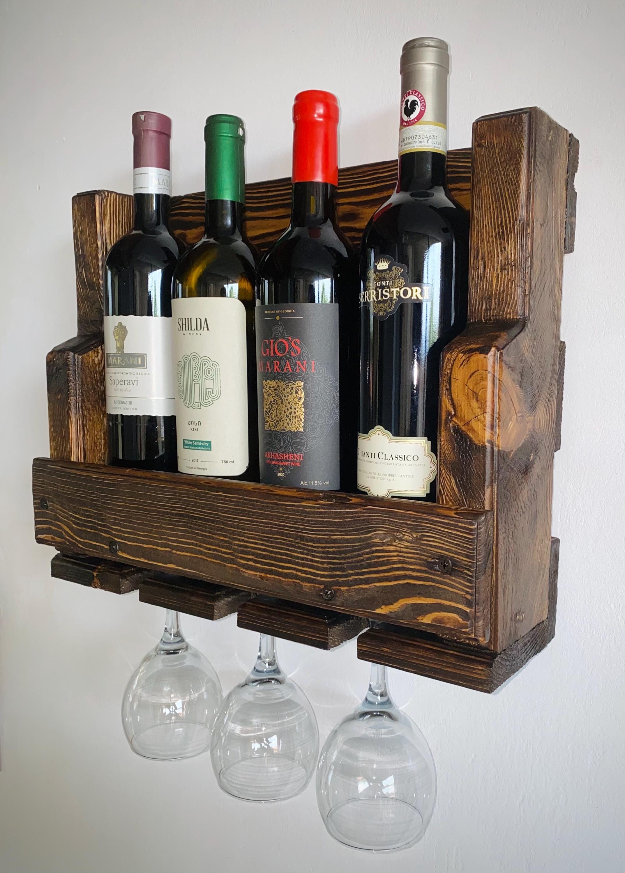 Rustic Handmade Wood Wine Rack – Wooden Wine Holder - Wall Mounted Vintage Wine Shelf – Farmhouse Kitchen Bar Storage – Gift for Wine Lovers