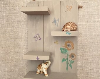 Handcrafted Wooden Shelf with Hooks, Painted Wall Decor