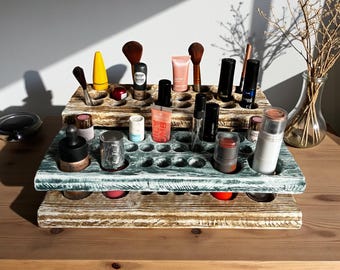 Organizador de maquillaje de madera hecho a mano / Soporte rústico para cosméticos / Almacenamiento de tocador de madera envejecida / Soporte para perfumes / Regalo único para ella y para él