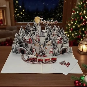3D Pop-Up Christmas Card, Santa, Reindeer & Red Train Scene, Snow Village Under Moonlit Sky