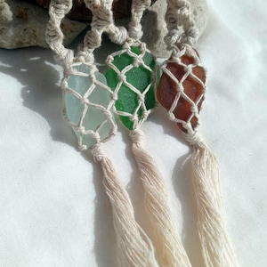 Handmade Sea Glass Car Charm-Macrame Beach Glass-Rear View Mirror Accessory