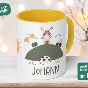 Taza infantil de granja personalizada, con senderistas y animales como regalo para cumpleaños de niño, hecha a mano e individual
