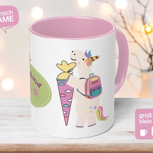 Tasse Marlene écolière pour inscription à l'école, cadeau de cône d'école de bonbon cartable licorne rose fait main, tasse enfant personnalisée en céramique