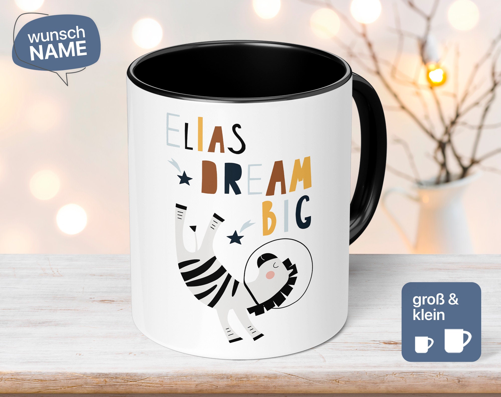 Mug for children with astronaut motif and Dream Big saying - name mug + personalization in two sizes as a birthday gift Elias