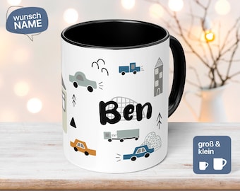 Auto Tasse mit individuellem Namen für Kinder - Geburtstagsgeschenk, Personalisierbar mit Wunschname für Mädchen und Jungs - Kinderbecher