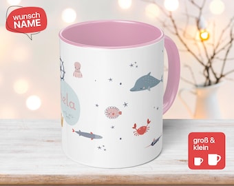 Maritime Tasse mit Meerestieren als Geschenkidee für den Kindergeburtstag - handgemacht für Jungen und Mädchen - Rudern Delfin Wal