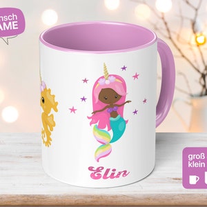 Individual children&#39;s cup with desired name, sweet mermaid motif and unicorn crown for all princesses as a gift Handmade BiPoc