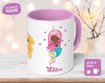 Children's Mermaid Mug with Name – BIPOC Mermaid with Unicorn & Seahorse – Personalized Mug 180ml 320ml Girls